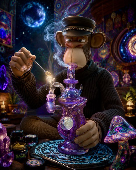 An AI-generated image of a monkey wearing a cap and black sweater, smoking a bong made of purple resin with cosmic patterns, surrounded by trippy mushroom imagery.
