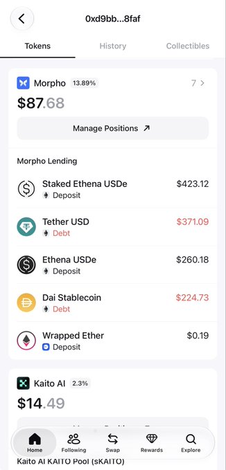 A screenshot of a crypto wallet interface showing a "Tokens" tab with wallet address starting "0xd9bb...8faf", displaying Morpho ($87.68), Kaito AI ($14.49), and a Morpho Lending section listing Staked Ethena USDe ($423.12), Tether USD debt ($371.09), Ethena USDe ($260.18), Dai Stablecoin debt ($224.73), and Wrapped Ether ($0.19), with a Kaito AI KAITO Pool banner at the bottom.