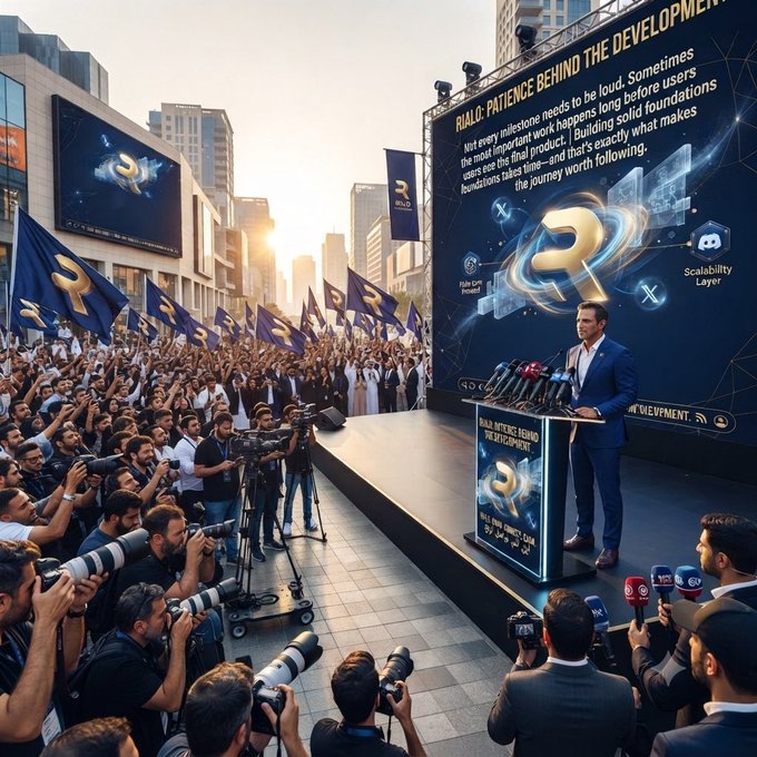 A speaker at a podium addresses a large crowd of photographers and reporters at what appears to be a Rialo event, with banners reading "RIALO: PATIENCE BEHIND THE DEVELOPMENT" displayed prominently on a massive screen and stage signage, visually reinforcing the post's message about valuing the quiet, foundational work behind the project's progress.