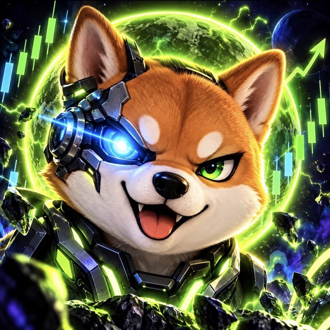 A futuristic Shiba Inu wearing a glowing cyber-eye visor and armored suit poses aggressively amid floating asteroids, with a green halo and candlestick charts symbolizing a bullish crypto breakout behind it—matching the post's hype of an unstoppable, meme-fueled Shiba Inu coin heading "to the moon."