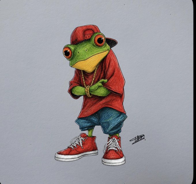 An illustrated anthropomorphic frog wearing a red cap, red shirt, gold chain, blue shorts, and red high-top sneakers stands with arms crossed. The image's hip-hop styled "drip" aesthetic pairs with the post's boastful marketing claims, visually personifying the swagger of Zygofuture.com positioning itself as a cooler, more stylish alternative to competitors like Kalshi and Polymarket.