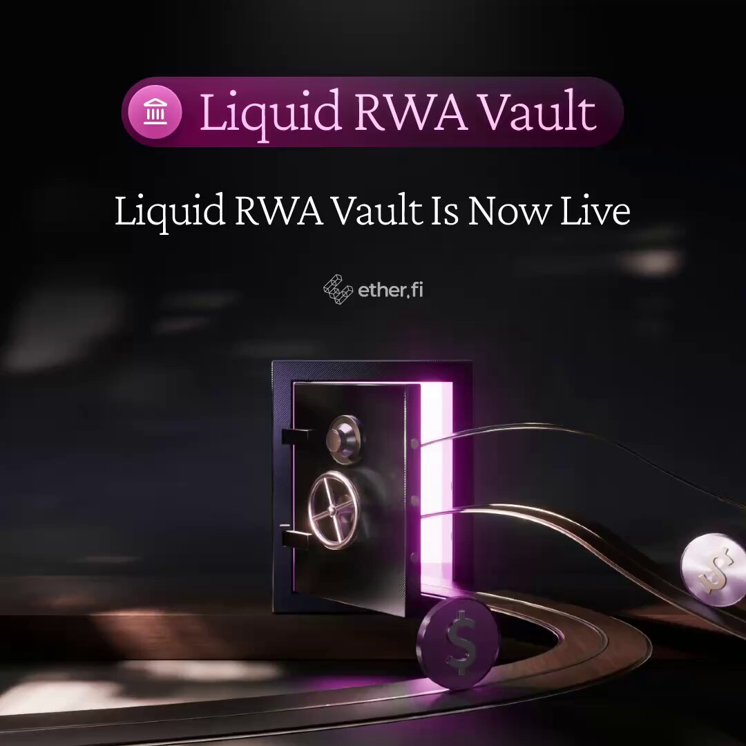 The image features a purple liquid vault with a gold lock, surrounded by coins and a dollar sign. The text "Liquid RWA Vault" is displayed above the vault, indicating that it is now live. Below this, there are two lines of text explaining what the Liquid RWA Vault is and how to access it through the FalconX Credit Vault.