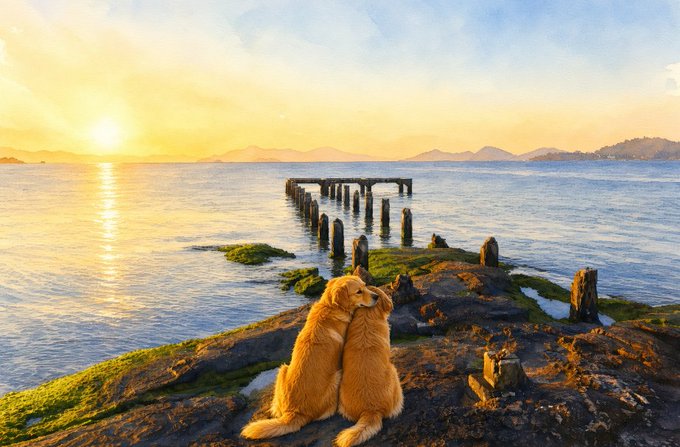 A scenic sunset photograph of a golden retriever sitting on a rocky shoreline, looking out over the water toward an old wooden pier.