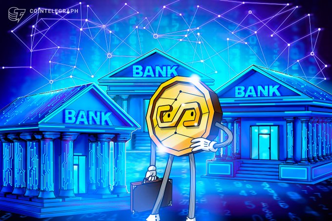 A Cointelegraph illustration depicting a gold coin character carrying a briefcase standing in front of three blue, neon-lit 'BANK' buildings connected by a digital network.
