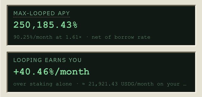 A dark-themed interface displays financial metrics, including "MAX-LOOPED APY" at "250,185.43%" with monthly percentage details, and "LOOPING EARNS YOU" at "+40.46%/month."