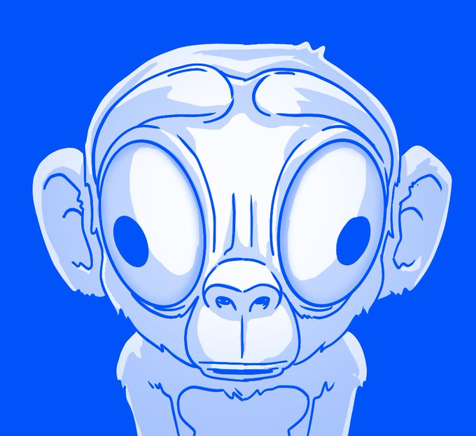 A stylized blue and white illustration of a monkey or ape character with large expressive eyes against a solid blue background.
