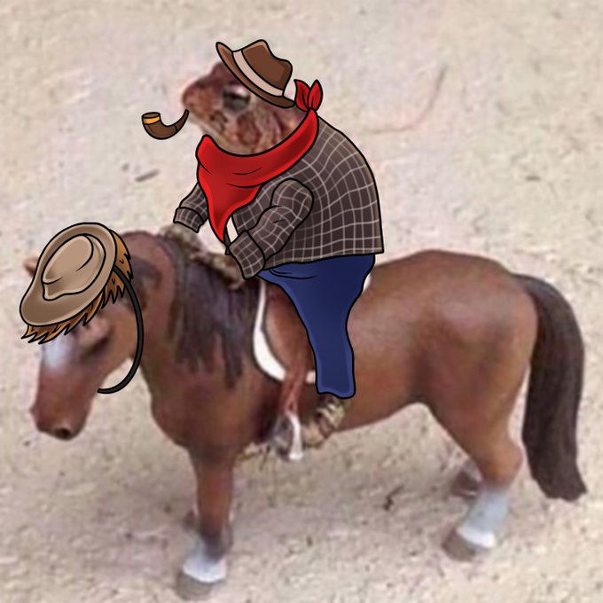 A humorous edited image shows a small horse with a cartoon cowboy rider wearing a brown hat, plaid jacket, red bandana, and smoking a pipe.