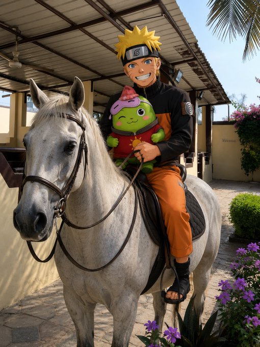 Naruto joyfully rides a white horse while holding a plush Sleepagotchi character, blending anime nostalgia with the project's sleep-tracking wellness theme.