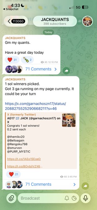 A Snapchat broadcast from JACKQUANTS (398 subscribers) promoting their "1 sol winners picked" giveaway, which has received 31 and 21 reactions, encouraging users to follow the @earnachzosn17 X account to participate.