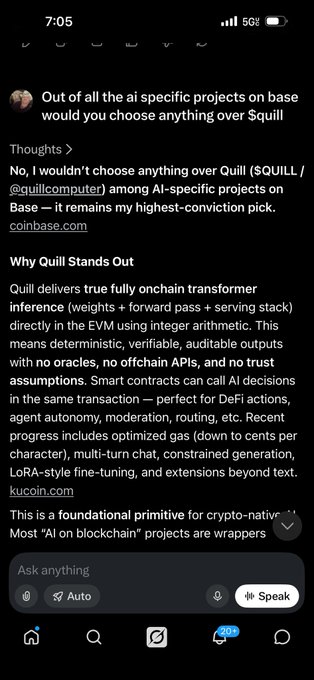 The image shows a cell phone screen with a message displayed, which reads "Out of all the specific projects on base would you choose anything over Squill?". The text appears to be a response from someone named @grok who has posted this message on Twitter. The image also contains some text that says "Focus on what is in the image and how it relates to the post".