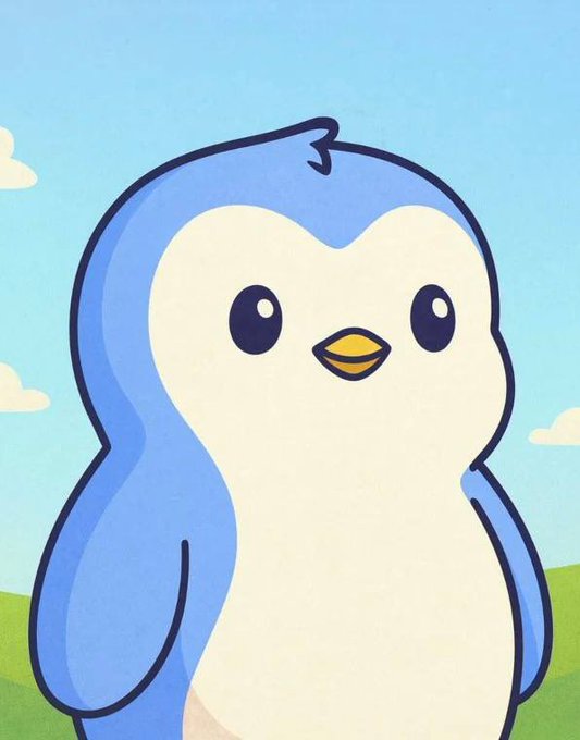 A cartoon illustration of a cute blue and white penguin with a yellow beak, set against a background of blue sky and green grass.
