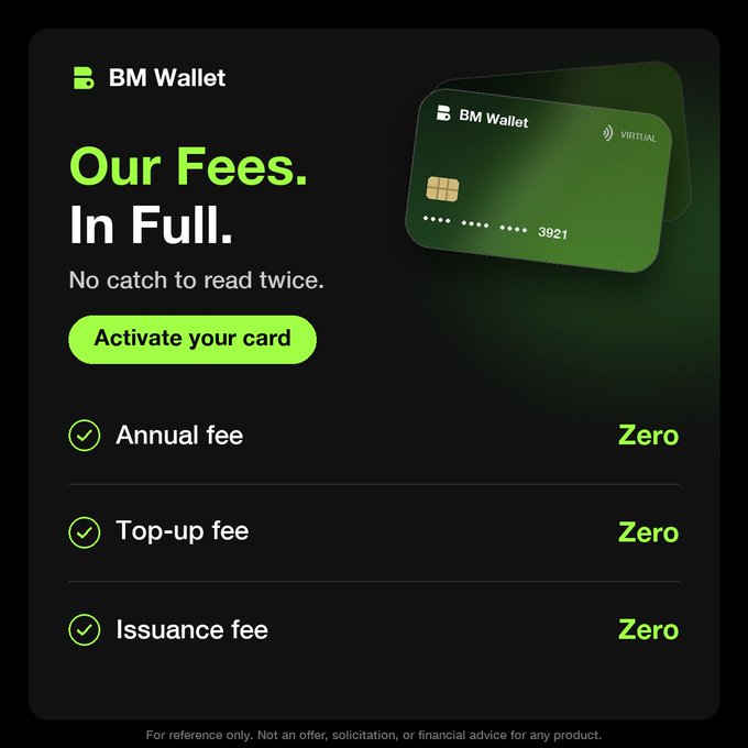 An advertisement for BM Wallet highlighting zero fees for annual, top-up, and issuance fees, with a green virtual card and 'Activate your card' button.