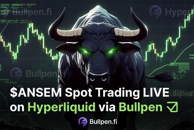 A promotional image featuring a dark bull with glowing green eyes against a green trading chart background, with text '$ANSEM Spot Trading LIVE on Hyperliquid via Bullpen' and the Bullpen.fi logo.