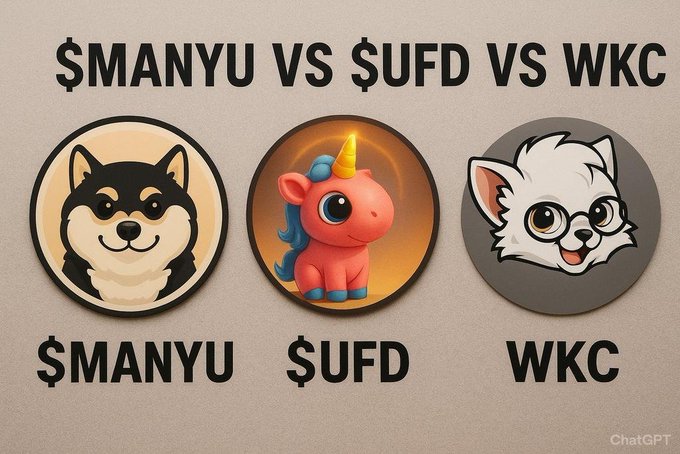 A comparison graphic titled '$MANYU VS $UFD VS WKC' showing three meme coin logos: a Shiba Inu-style dog, a unicorn, and a white cat.
