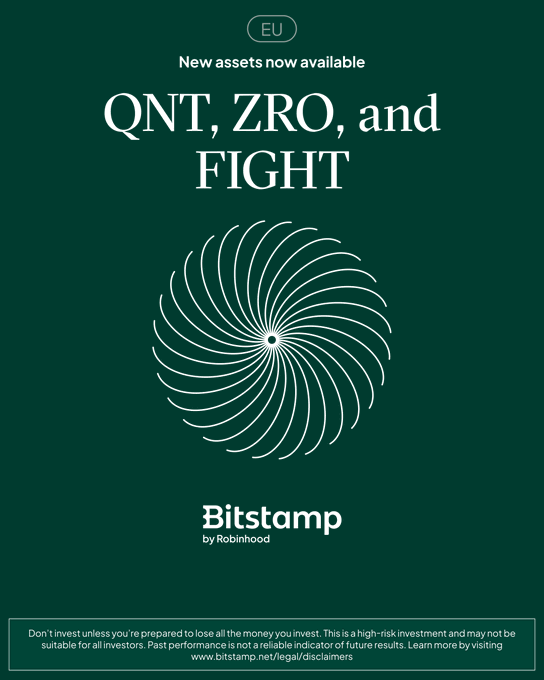 The image features a poster advertising a new asset for trading on Bitstamp by Robinhood, located in the European Union (EU). The text states that "New assets now available" and "QNT, ZRO, and Fight". These assets are now accessible through theBitstamp platform.