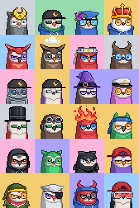 This image displays a grid of 25 pixelated owl characters, each with unique outfits and accessories, representing the @moonbirds NFT collection. The post highlights the concept of "digital ownership" as the reason for acquiring another expensive Moonbird NFT.