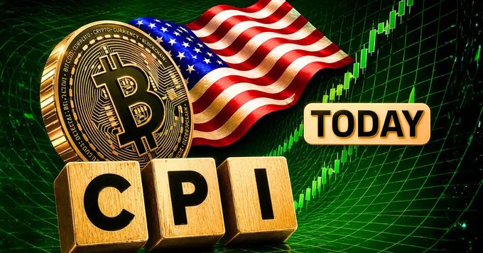A graphic related to cryptocurrency and economics, showing a Bitcoin coin, an American flag, wooden blocks spelling 'CPI', and a 'TODAY' label with an upward green chart.