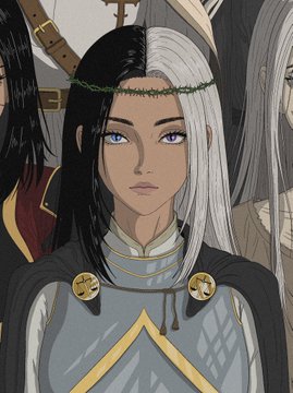 An anime-style character with split black and white hair and a green leaf crown wears armor with golden accents.