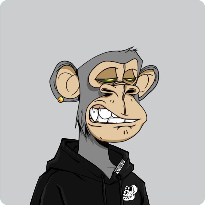 A cartoon illustration of a Bored Ape-style NFT character with a smug expression, wearing a black hoodie with a skull logo and a gold earring.