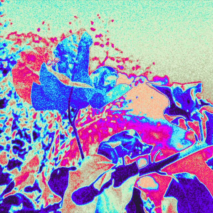 An abstract, highly saturated digital artwork with a grainy texture, featuring vibrant blues, pinks, and cyans in an indistinct, paint-like composition.