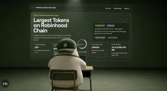 A digital poster titled 'Largest Tokens on Robinhood Chain' is viewed by a cartoon figure in a green cap, displaying live data marketplace stats.