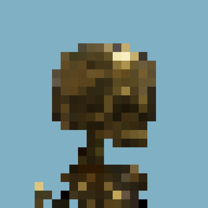 A pixelated, low-resolution portrait of a figure with brown and tan coloring against a light blue background.