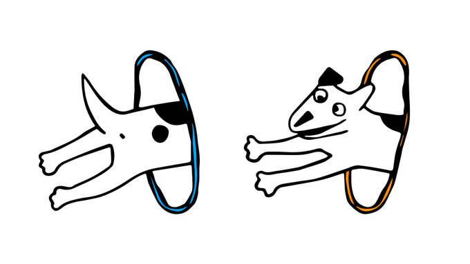 Two stylized cartoon dogs with elongated bodies, one with blue accents and one with orange accents, appear to be running or floating.