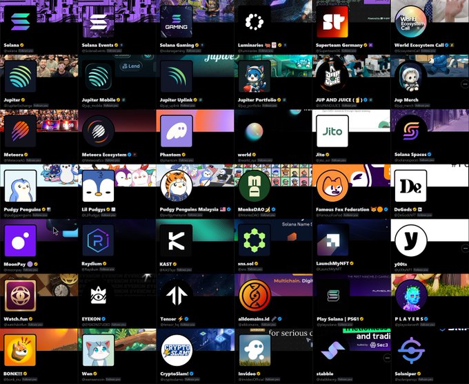 A grid of Solana ecosystem project tiles on the Magic Eden platform, featuring tokens, NFTs, and memecoins such as Solana, Jupiter, Jito, Pudgy Penguins, Pudgy Penguins Malaysia, Raydium, Bonk, and Worldcoin.