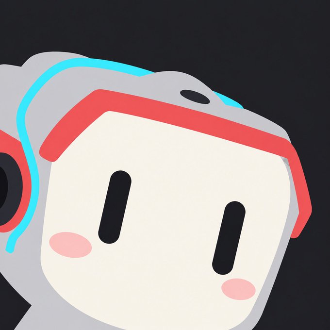 A close-up of a cartoon mascot with a cream-colored face, simple black eyes, pink blushing cheeks, and a gray, red, and blue helmet against a black background.