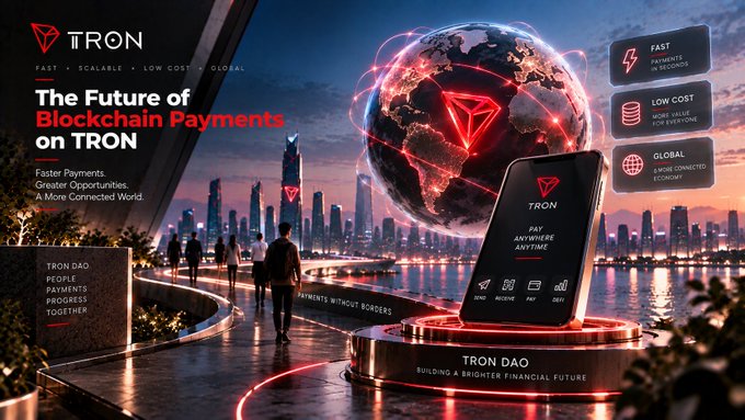 A promotional graphic for TRON blockchain payments showing 'The Future of Blockchain Payments on TRON' with the TRON DAO logo and a digital globe, highlighting features like 'FAST', 'LOW COST', and 'GLOBAL'.