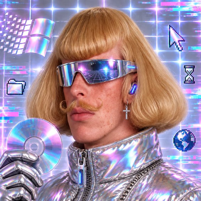 A person with a blonde bowl cut and mustache wears futuristic silver visor sunglasses, blue earbuds, and a silver jacket while holding a holographic CD against a retro-digital background.