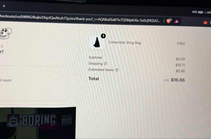 A photo of a computer monitor displaying an online checkout page for a 'Collectible Sling Bag' with a free item, showing a total of USD $16.66.