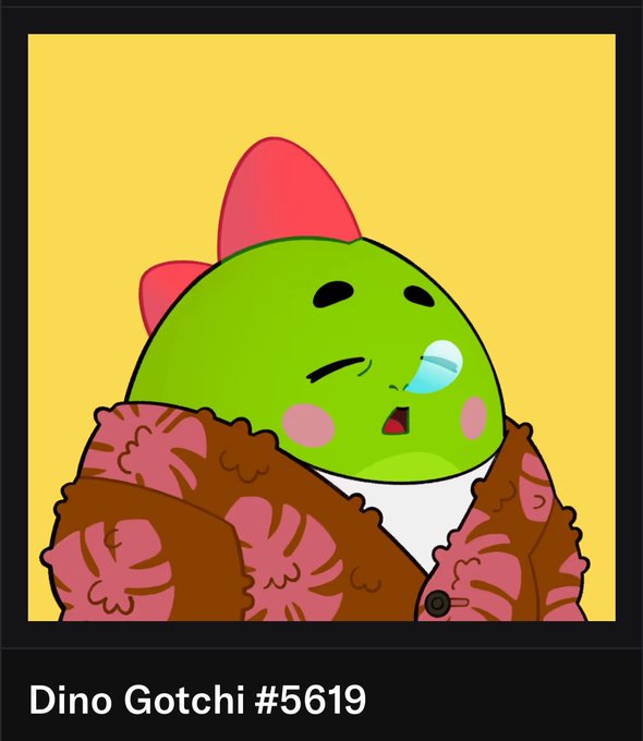 A cartoon illustration of a green dinosaur character with a red crest on its head, appearing to cry while wrapped in a brown and pink blanket, labeled 'Dino Gotchi #5619'.