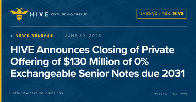 The image is a news release graphic from HIVE Digital Technologies Ltd (NASDAQ/TSX: HIVE) dated June 30, 2026, announcing the closing of a $130 million private offering of 0% exchangeable senior notes due 2031. The graphic features the company's bee logo on a dark blue background with yellow accents, matching the accompanying post's headline about the debt offering.