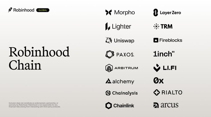 The image showcases the Robinhood Chain logo alongside a list of notable partners including Morpho, Layer Zero, Lighter, TRM, Uniswap, Fireblocks, Paxos, 1inch, Arbitrum, LI.FI, Alchemy, 0x, Chainalysis, Rialto, Chainlink, and Arcus, reinforcing the message that building the next generation of finance requires a collaborative network of industry-leading partners.