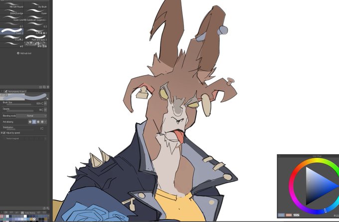 A work-in-progress digital painting of the animated character Billy in a digital art program, showing his brown fur, yellow eyes, spiked jacket, and bleeding fangs on a white canvas with brush and color picker tool panels visible.
