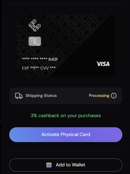 A black EtherFi Visa card with 3% cashback displays a "Processing" shipping status and an "Activate Physical Card" option, reflecting the user's upgrade to EtherFi's Pinnacle tier and their new card activation process.