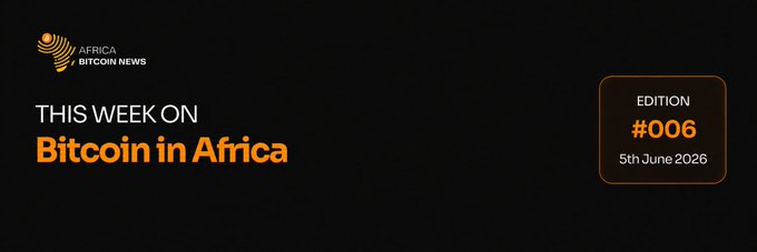 The image features a black banner with white text that reads "This week on Bitcoin in Africa". Below the banner, there's an orange square containing the number "006". The background of the image is gray, providing a neutral backdrop for the text and logo.
