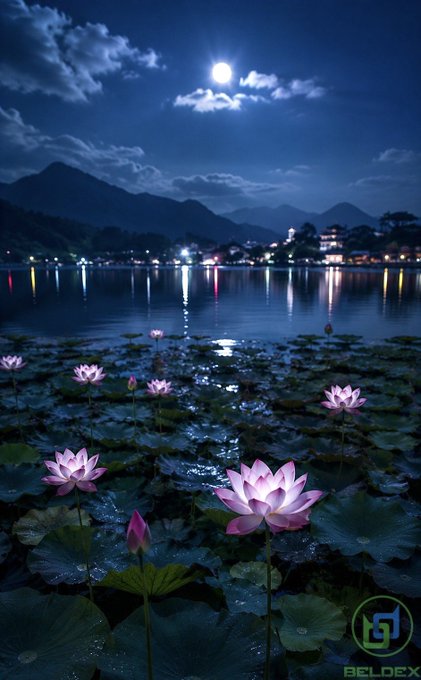 A serene nighttime photograph of a lake with illuminated pink lotus flowers in the foreground, mountains in the background, and a bright moon in the cloudy sky, watermarked with 'BELDEX'.