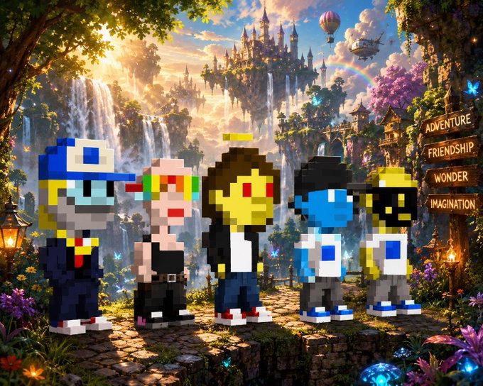 A vibrant pixel-art scene featuring blocky cartoon characters standing on a stone path before a fantasy castle, waterfalls, and floating hot air balloons; a sign reads 'ADVENTURE FRIENDSHIP WONDER IMAGINATION'.