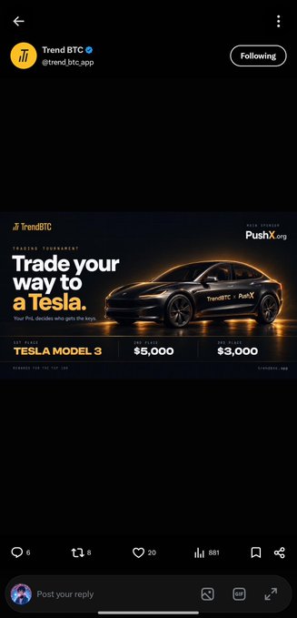 A screenshot of a Trend BTC (@trend_btc_app) Twitter/X post advertising a trading tournament with the text 'Trade your way to a Tesla.' featuring a Tesla Model 3, with prizes including 1st Place ($5,000) and 2nd Place ($3,000), powered by PushX.org.