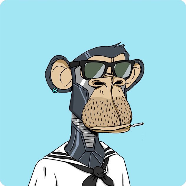A digital illustration of a humanoid monkey character with gray mechanical/cybernetic features, wearing sunglasses, a sailor-style collar, and holding a small stick in its mouth against a light blue background.