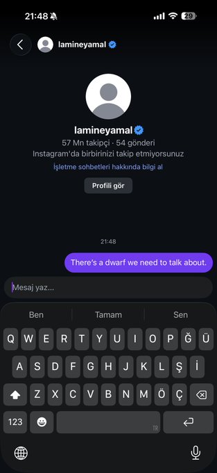 A screenshot of an Instagram DM to user "lamineyamal" (54M followers) with the message "There's a dwarf we need talk about." typed out, seemingly teasing a cryptic message related to a "#brötchen" crypto meme coin project.