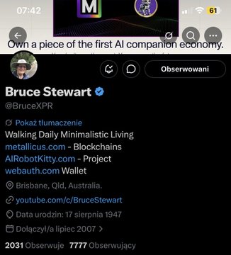 A Twitter profile for Bruce Stewart (@BruceXPR) showing 7777 followers, aligning with the post celebrating hitting 7,777 followers on the same day of a Marshall Hayner quote and #AIRobotKitty announcement.