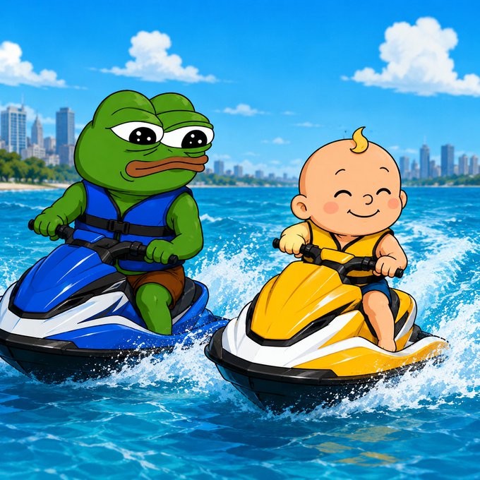 A cartoon illustration of a green frog wearing a blue life vest and a smiling baby wearing a yellow life vest, both riding jet skis on the ocean with a city skyline in the background.