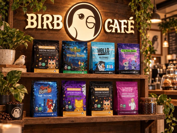 A wooden display shelf at "BIRB CAFÉ" showcasing various colorful bags of coffee beans with creative names like "MEOW ROAST," "WIZARD BLEND," "HELLO KILLER ROAST," and "SPOOKY ROAST," each featuring cartoon bird-themed artwork.