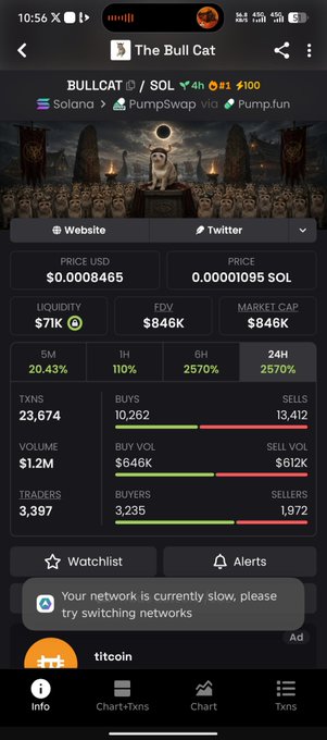 A mobile screenshot of 'The Bull Cat' token (BULLCAT) on Solana showing a price of $0.0008465, 2570% gain in 6H/24H, and 23,674 transactions.