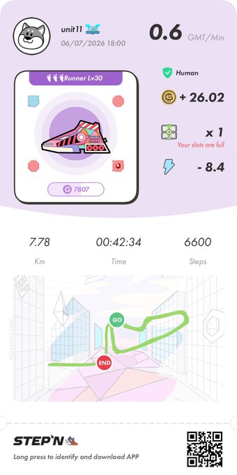 A STEP'N app screenshot showing a running session for user 'unit11' on 06/07/2026, with stats: 7.78 Km, 42:34 time, 6600 steps, earning 26.02 GMT/Min.
