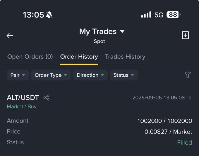 A Binance spot trading screenshot showing an order history for ALT/USDT, displaying a filled market buy order of 1,002,000 ALT at a price of 0.00827, dated 2026-09-26 at 13:05:08. The image visually confirms the trader's post about adding 1 million ALT tokens to their portfolio using profits from ENA.
