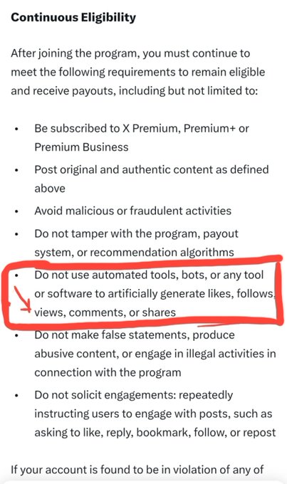 A screenshot of policy text titled 'Continuous Eligibility' listing requirements for an X Premium program, with a bullet point about not using automated tools or bots to generate likes, follows, views, comments, or shares circled in red.
